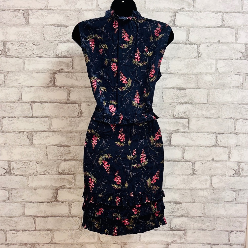 NWT Rebecca Taylor Vie Fleur Silk Blend Floral Jacquard Ruffle Dress Navy Pink 8 - Picture 7 of 9